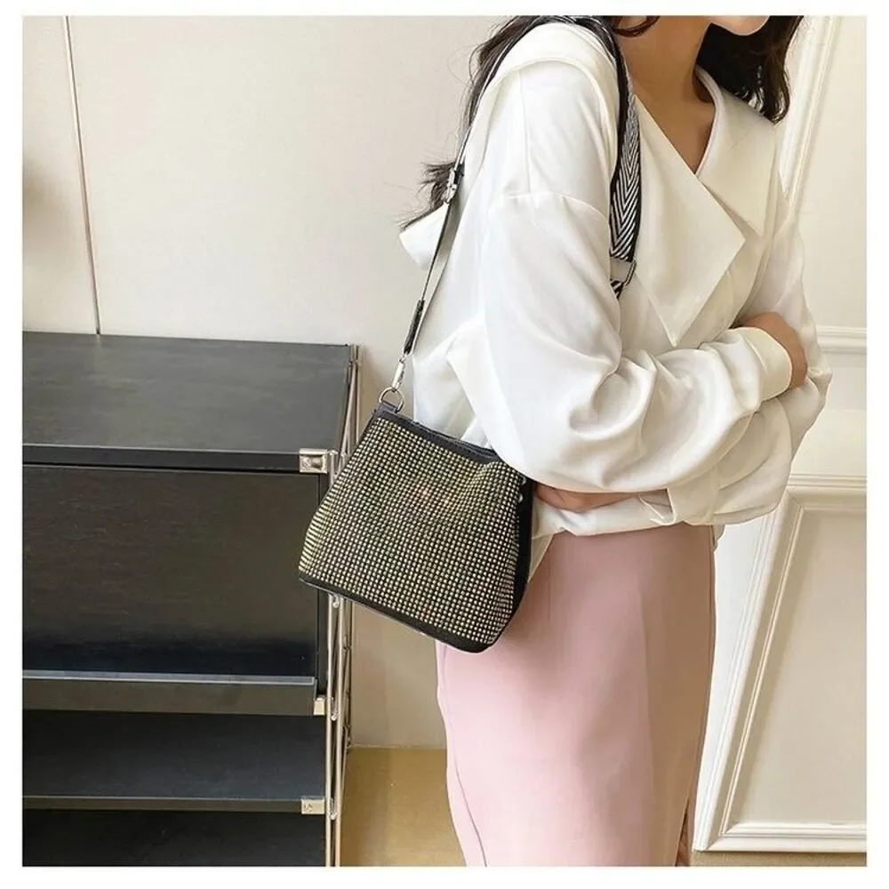 Women's Black And Gold  Bucket Shoulder Bag With Long Wide Strap